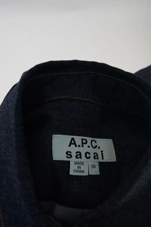 x Sacai dark indigo cotton denim apron-style shirt dress with adjustable pull tab grosgrain belt