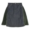 x Sacai mixed-media dark indigo cotton denim and green plissé polyester pull-on A-line knee-length skirt