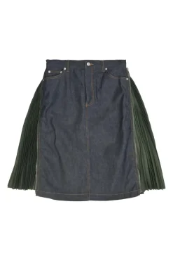 x Sacai mixed-media dark indigo cotton denim and green plissé polyester pull-on A-line knee-length skirt