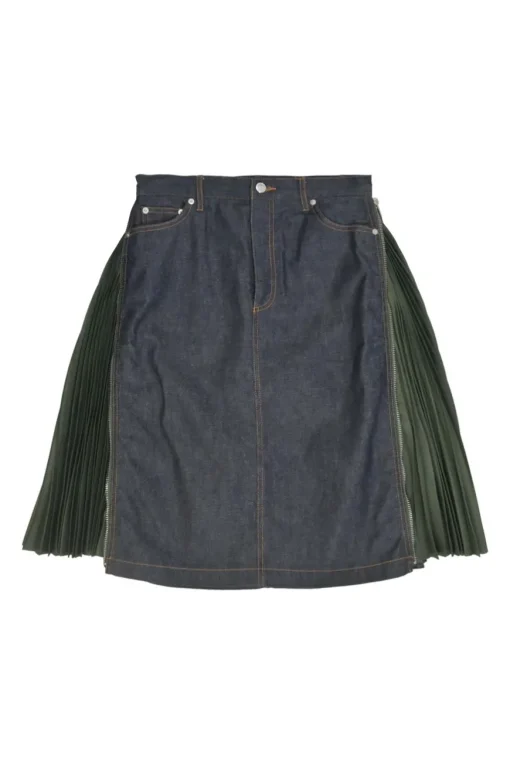 x Sacai mixed-media dark indigo cotton denim and green plissé polyester pull-on A-line knee-length skirt