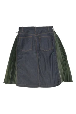 x Sacai mixed-media dark indigo cotton denim and green plissé polyester pull-on A-line knee-length skirt