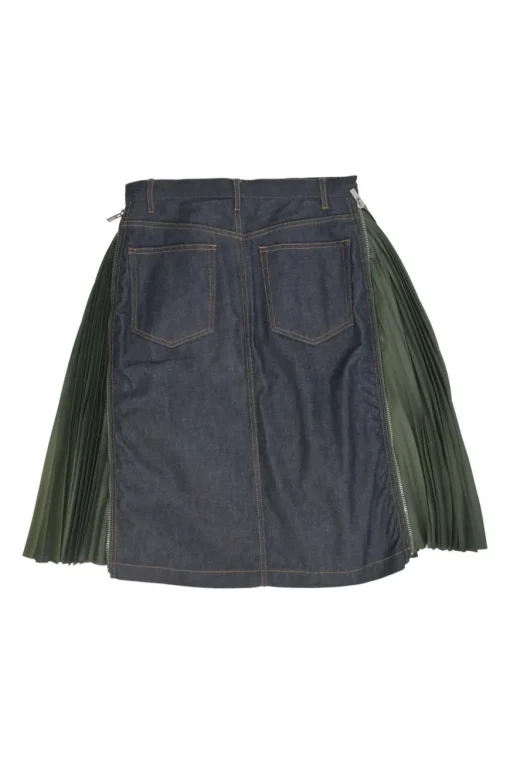 x Sacai mixed-media dark indigo cotton denim and green plissé polyester pull-on A-line knee-length skirt