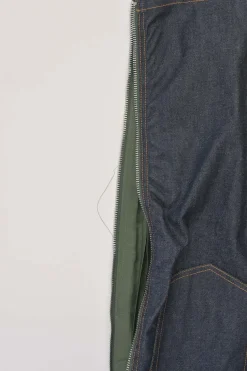 x Sacai mixed-media dark indigo cotton denim and green plissé polyester pull-on A-line knee-length skirt