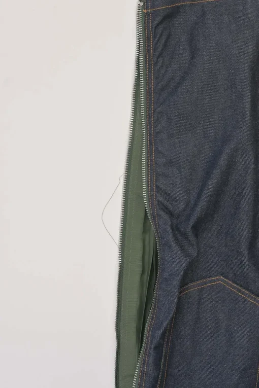 x Sacai mixed-media dark indigo cotton denim and green plissé polyester pull-on A-line knee-length skirt