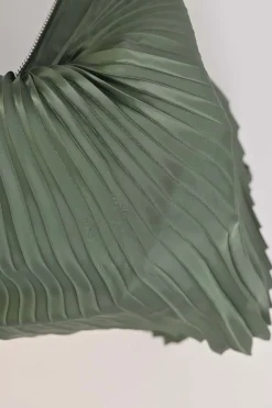 x Sacai mixed-media dark indigo cotton denim and green plissé polyester pull-on A-line knee-length skirt
