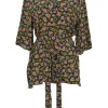 Yellow abstract graphic print wrap-front tie-waist plunge neck top