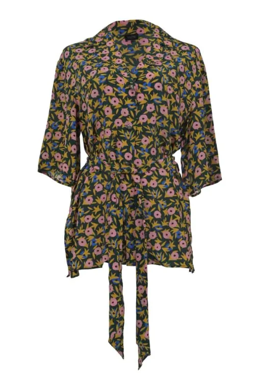 Yellow abstract graphic print wrap-front tie-waist plunge neck top