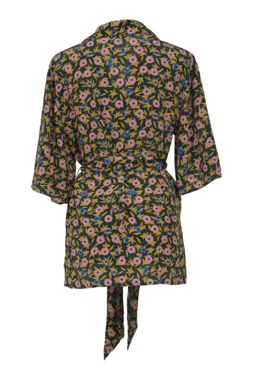 Yellow abstract graphic print wrap-front tie-waist plunge neck top