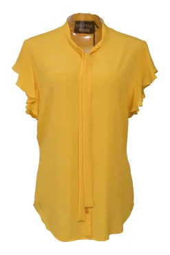 Yellow acetate-blend flutter sleeve pussy-bow blouse