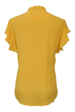 Yellow acetate-blend flutter sleeve pussy-bow blouse
