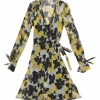 Yellow and black semi-sheer silk floral print long sleeve wrap A-line dress with tie-cuff sleeves