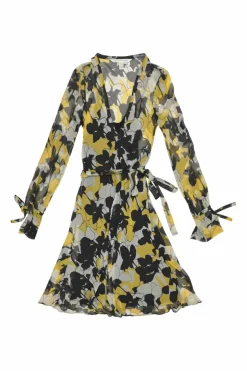 Yellow and black semi-sheer silk floral print long sleeve wrap A-line dress with tie-cuff sleeves