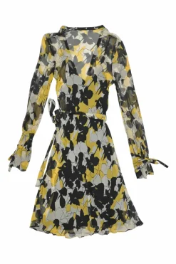 Yellow and black semi-sheer silk floral print long sleeve wrap A-line dress with tie-cuff sleeves