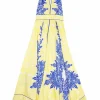 Yellow and blue bias-cut silk abstract floral print Mandarin-style Y-collar sleeveless A-line maxi dress