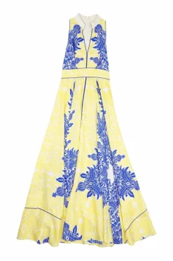 Yellow and blue bias-cut silk abstract floral print Mandarin-style Y-collar sleeveless A-line maxi dress