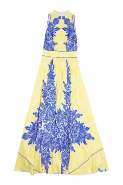 Yellow and blue bias-cut silk abstract floral print Mandarin-style Y-collar sleeveless A-line maxi dress