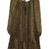 Yellow and blue silk-polyester blend ditsy floral print pullover tie-back tiered shift dress