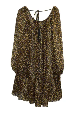 Yellow and blue silk-polyester blend ditsy floral print pullover tie-back tiered shift dress