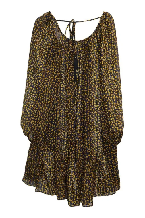 Yellow and blue silk-polyester blend ditsy floral print pullover tie-back tiered shift dress