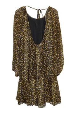 Yellow and blue silk-polyester blend ditsy floral print pullover tie-back tiered shift dress