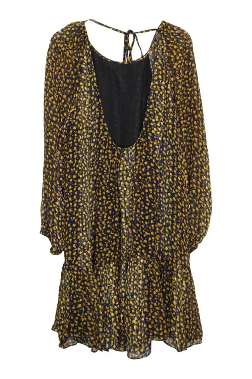 Yellow and blue silk-polyester blend ditsy floral print pullover tie-back tiered shift dress