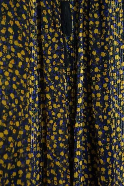 Yellow and blue silk-polyester blend ditsy floral print pullover tie-back tiered shift dress