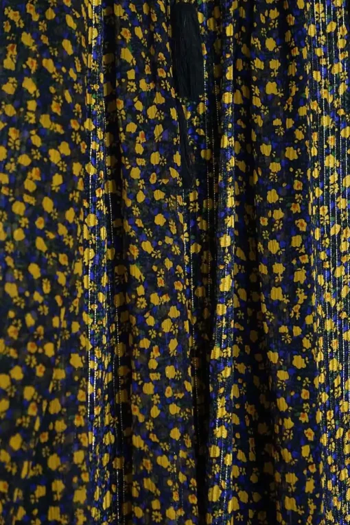 Yellow and blue silk-polyester blend ditsy floral print pullover tie-back tiered shift dress