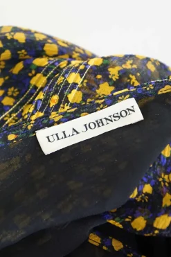 Yellow and blue silk-polyester blend ditsy floral print pullover tie-back tiered shift dress