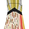 Yellow and chartreuse viscose graphic abstract print mock neck A-line mini dress with contrast piping