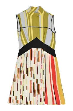 Yellow and chartreuse viscose graphic abstract print mock neck A-line mini dress with contrast piping