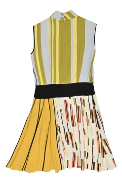 Yellow and chartreuse viscose graphic abstract print mock neck A-line mini dress with contrast piping