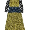 Yellow and navy silk patchwork Jameel cheetah and polka dot print midi dress with cropped sleeves