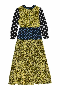 Yellow and navy silk patchwork Jameel cheetah and polka dot print midi dress with cropped sleeves