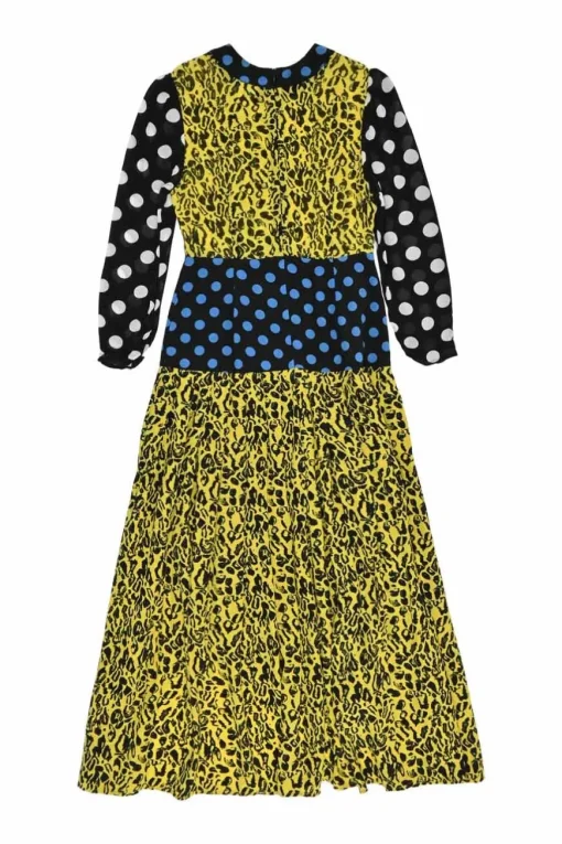 Yellow and navy silk patchwork Jameel cheetah and polka dot print midi dress with cropped sleeves