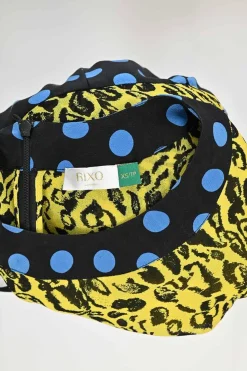 Yellow and navy silk patchwork Jameel cheetah and polka dot print midi dress with cropped sleeves