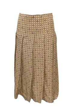 Yellow and orange silk graphic check Carmine Cavalry twill drop-waist pleated A-line midi skirt