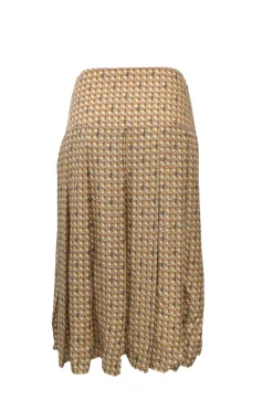 Yellow and orange silk graphic check Carmine Cavalry twill drop-waist pleated A-line midi skirt