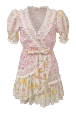 Yellow and pink lace-trimmed cotton floral print puff sleeve wrap mini dress with adjustable ribbon-tie fastening at waist