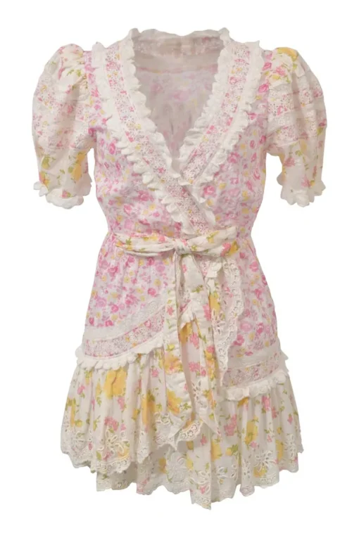 Yellow and pink lace-trimmed cotton floral print puff sleeve wrap mini dress with adjustable ribbon-tie fastening at waist