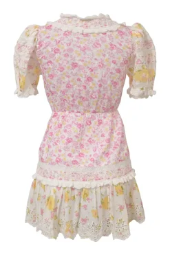 Yellow and pink lace-trimmed cotton floral print puff sleeve wrap mini dress with adjustable ribbon-tie fastening at waist