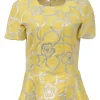 Yellow and silver floral-embroidered cotton-blend short sleeve peplum top
