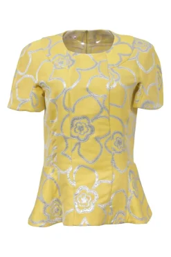 Yellow and silver floral-embroidered cotton-blend short sleeve peplum top