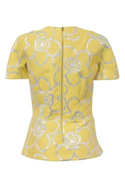 Yellow and silver floral-embroidered cotton-blend short sleeve peplum top