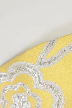 Yellow and silver floral-embroidered cotton-blend short sleeve peplum top
