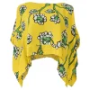 Yellow bias-cut rayon-blend graphic floral print bateau neck cap sleeve handkerchief blouse