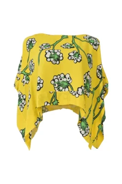 Yellow bias-cut rayon-blend graphic floral print bateau neck cap sleeve handkerchief blouse