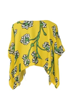 Yellow bias-cut rayon-blend graphic floral print bateau neck cap sleeve handkerchief blouse