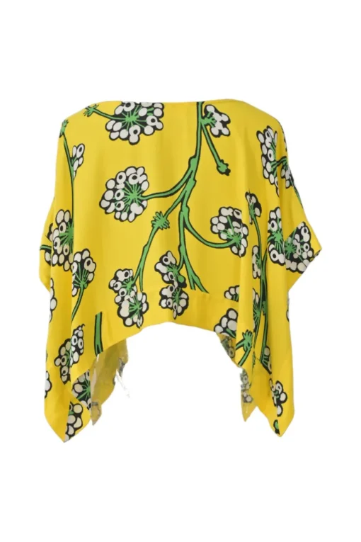 Yellow bias-cut rayon-blend graphic floral print bateau neck cap sleeve handkerchief blouse