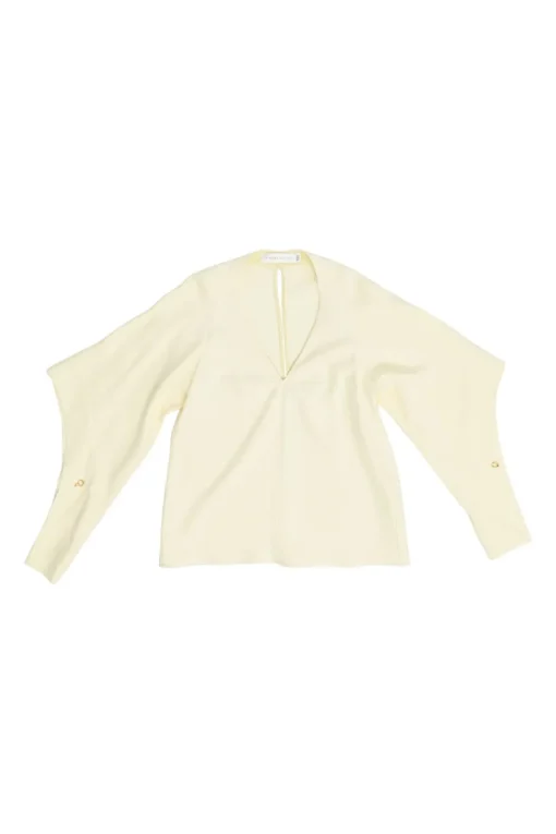 Yellow bias-cut viscose-blend angel sleeve V-neck blouse