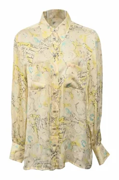 Yellow Camellia flower novelty-print silk satin point collar shirt with Coco Mark buttons